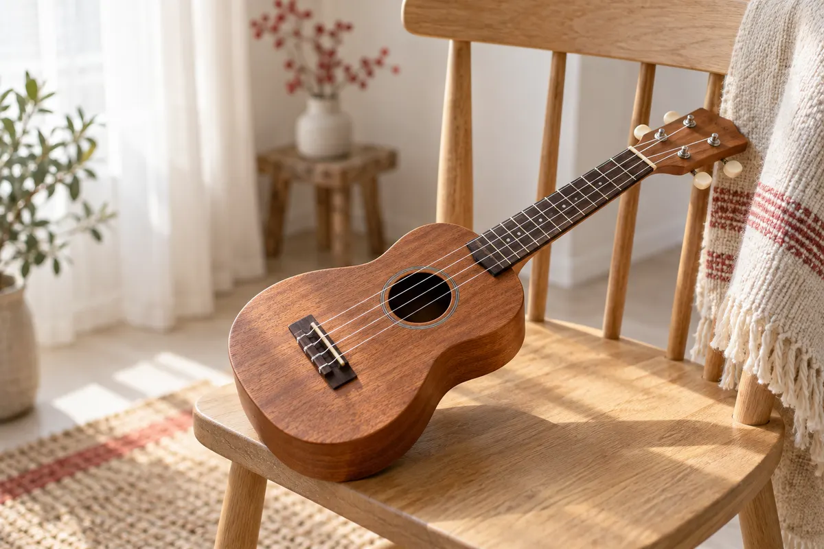 Kis ukulele egy fa szék ülőlapján